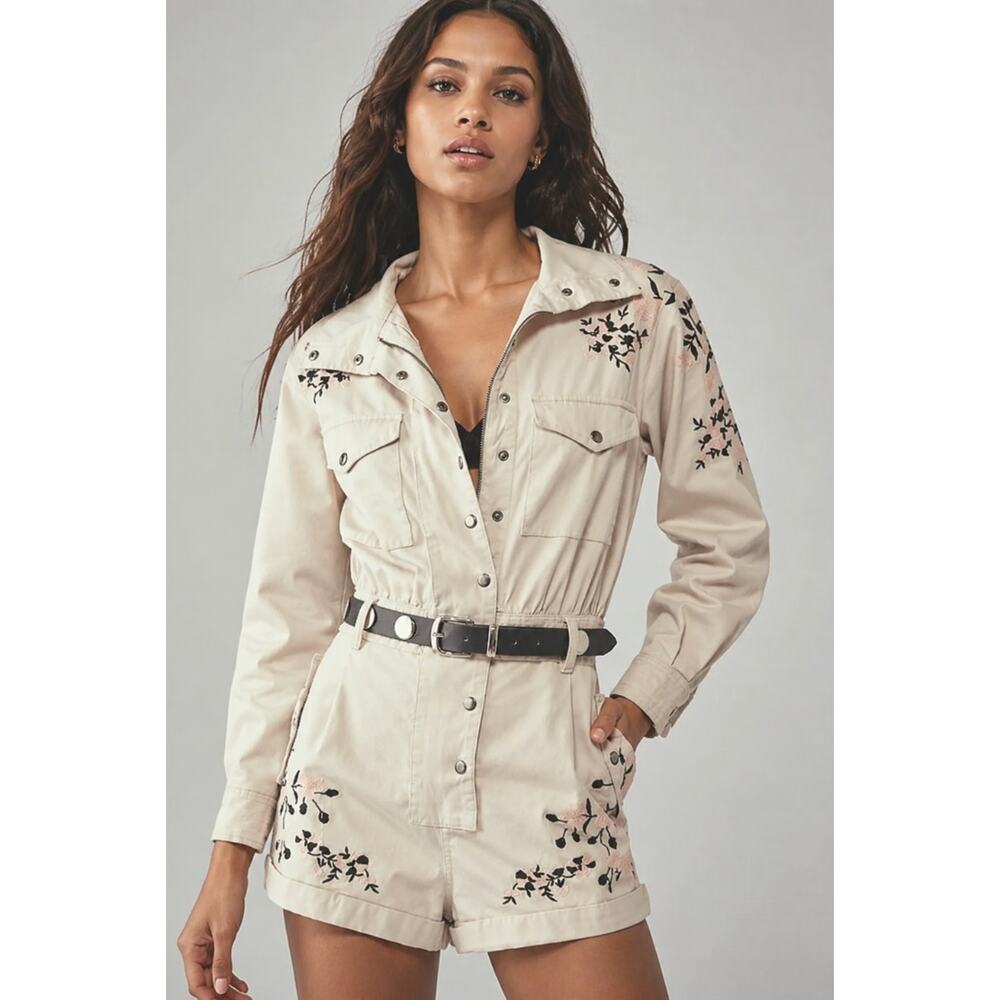 Anthropologie Embroidered Utility Romper Beige Long Sleeve Large - Picture 4 of 8